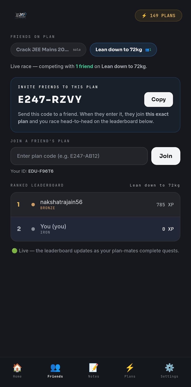 E247 friends leaderboard screen